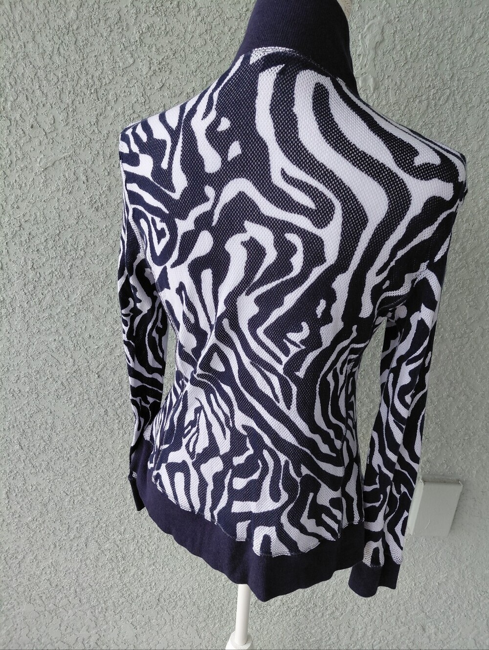 BYLYSE Navy White Zebra Print Full Zip Jacket Women's Large 100% Cotton - Picture 3 of 7